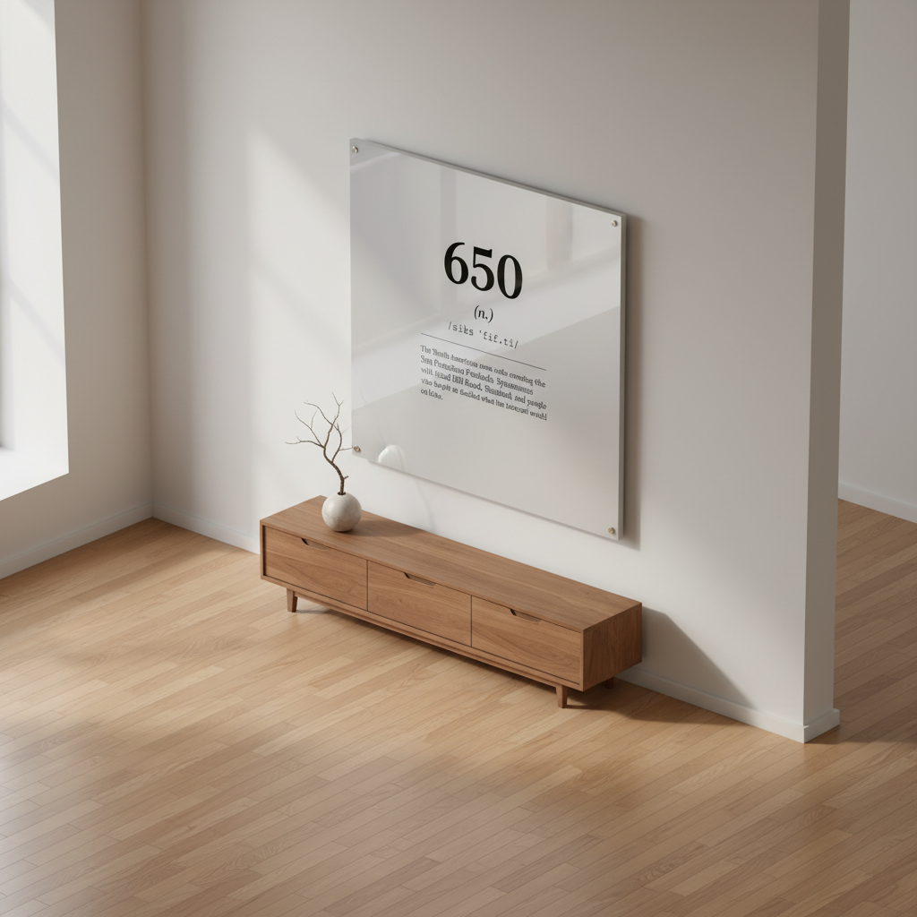 650 — Defined on-wall mockup · Acrylic glass · Platinum