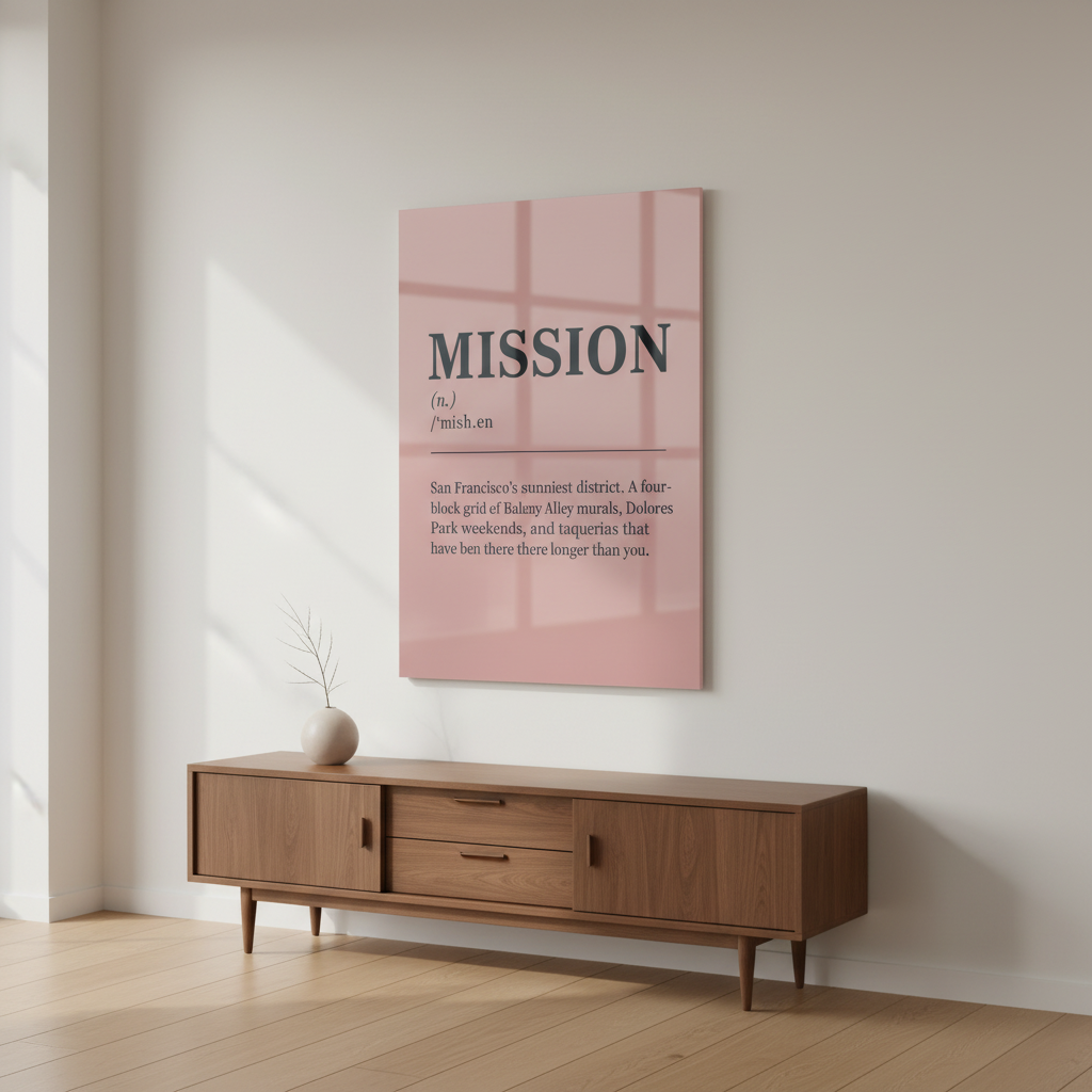 Mission — Defined on-wall mockup · Acrylic glass · Rose Gold
