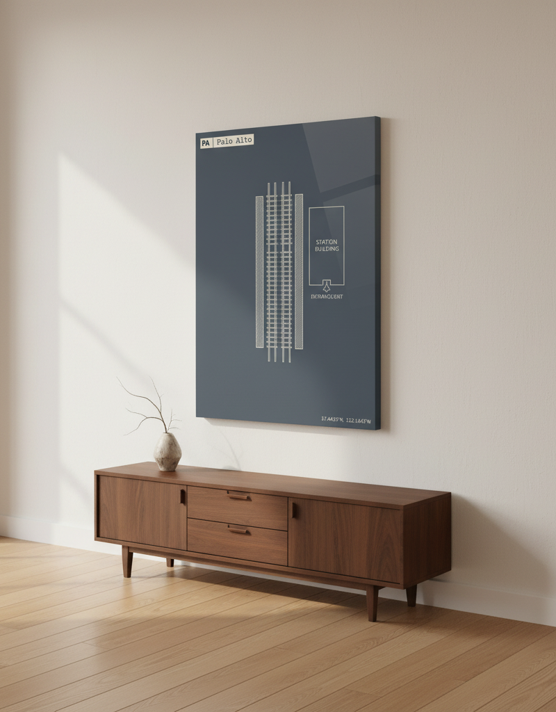 Palo Alto — Caltrain on-wall mockup · Canvas