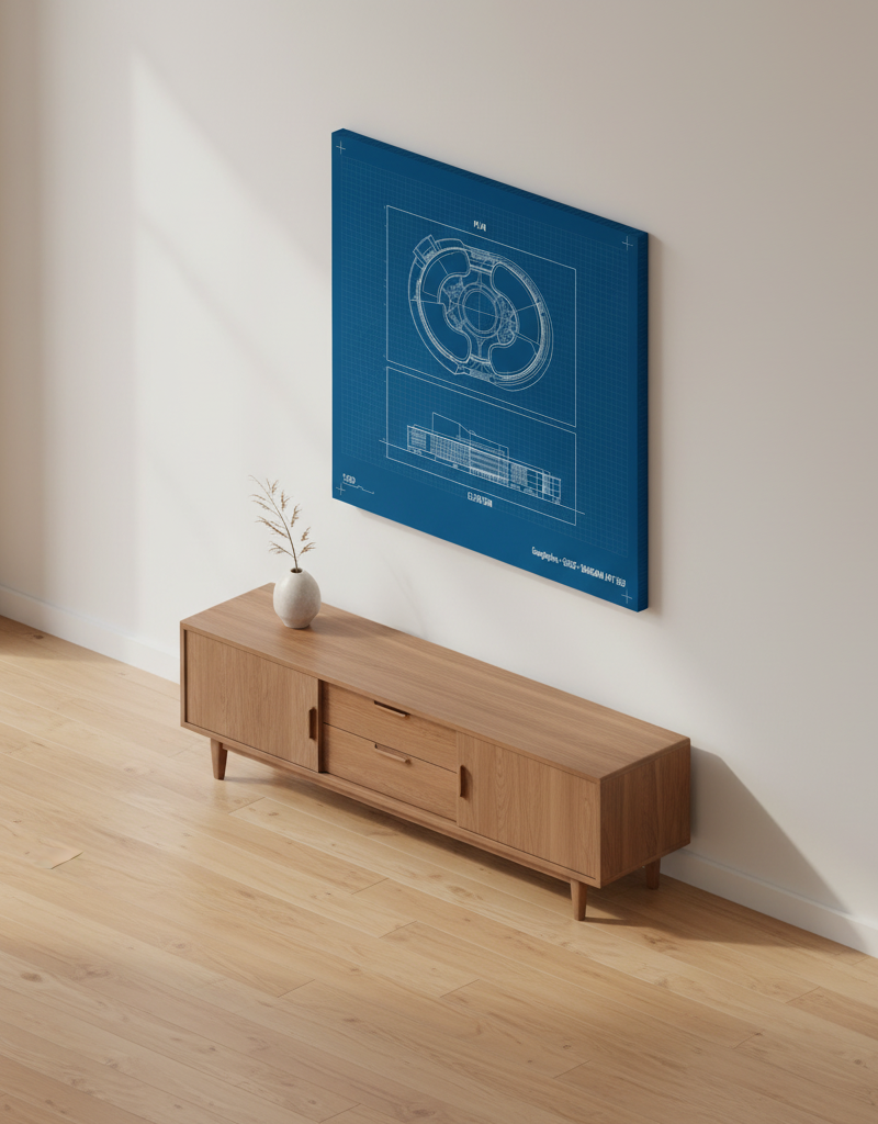 Googleplex — Blueprint on-wall mockup · Canvas