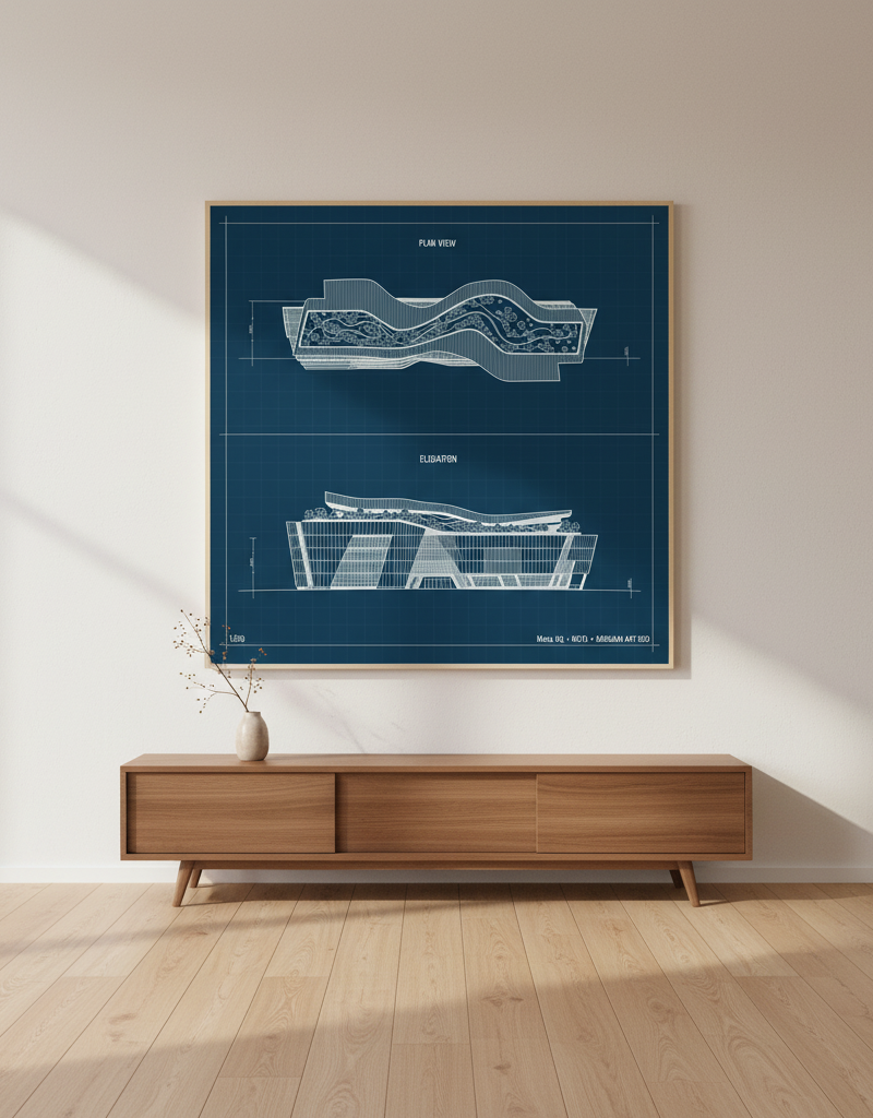 Meta HQ — Blueprint on-wall mockup · Canvas
