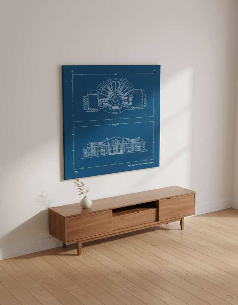 Pixar Studios — Blueprint on-wall mockup · Canvas